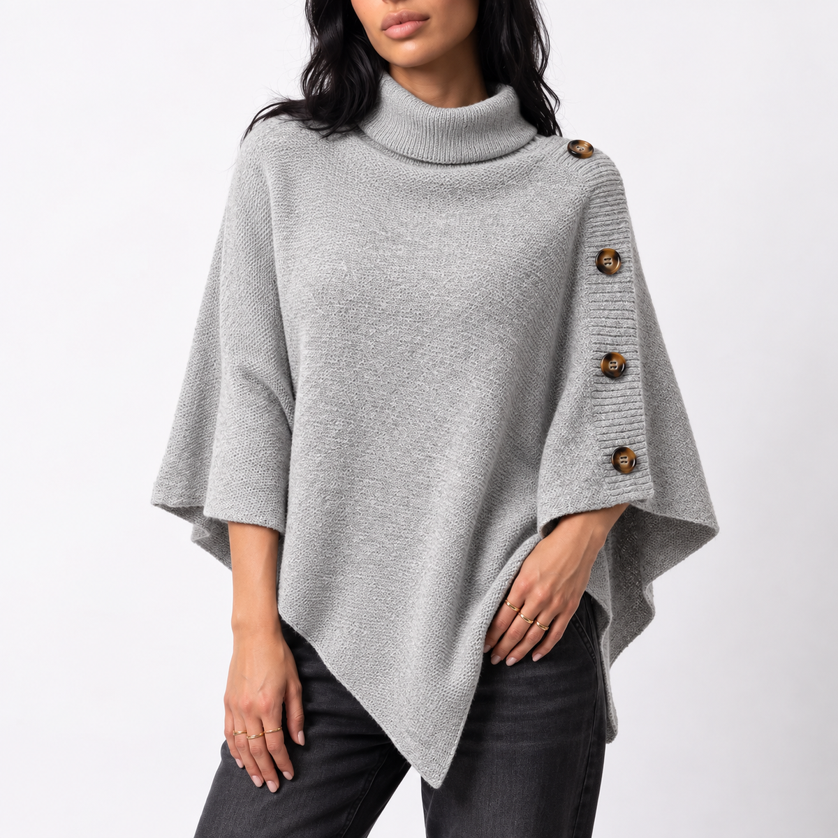 Women's Knit Turtleneck Poncho with Side Buttons and Asymmetric Hem