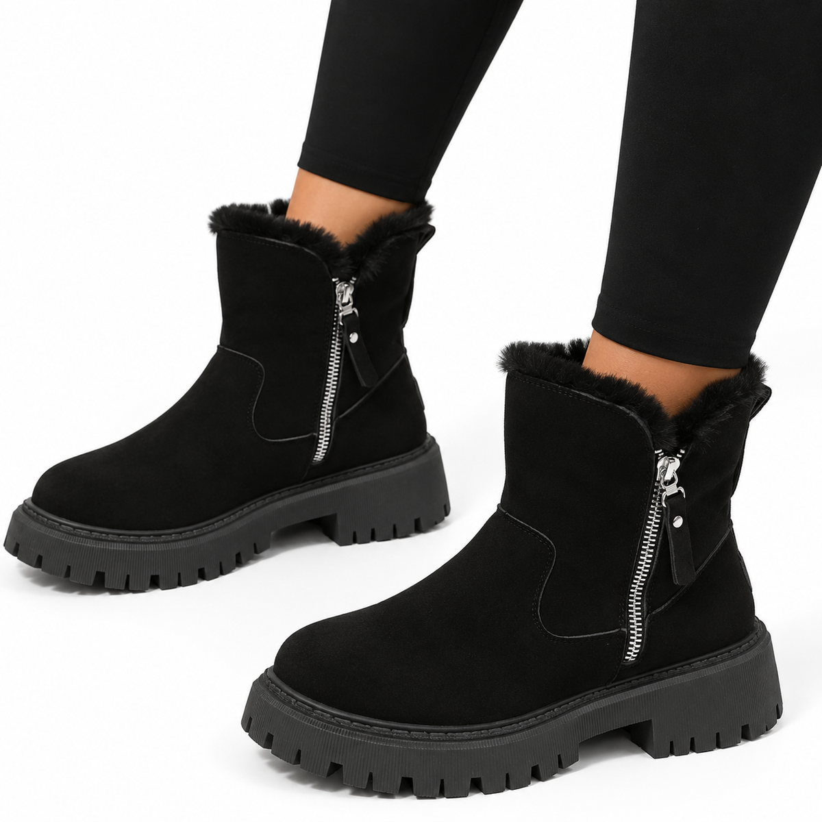 Women's Suede-Look Ankle Boots with Side Zipper and Lug Sole