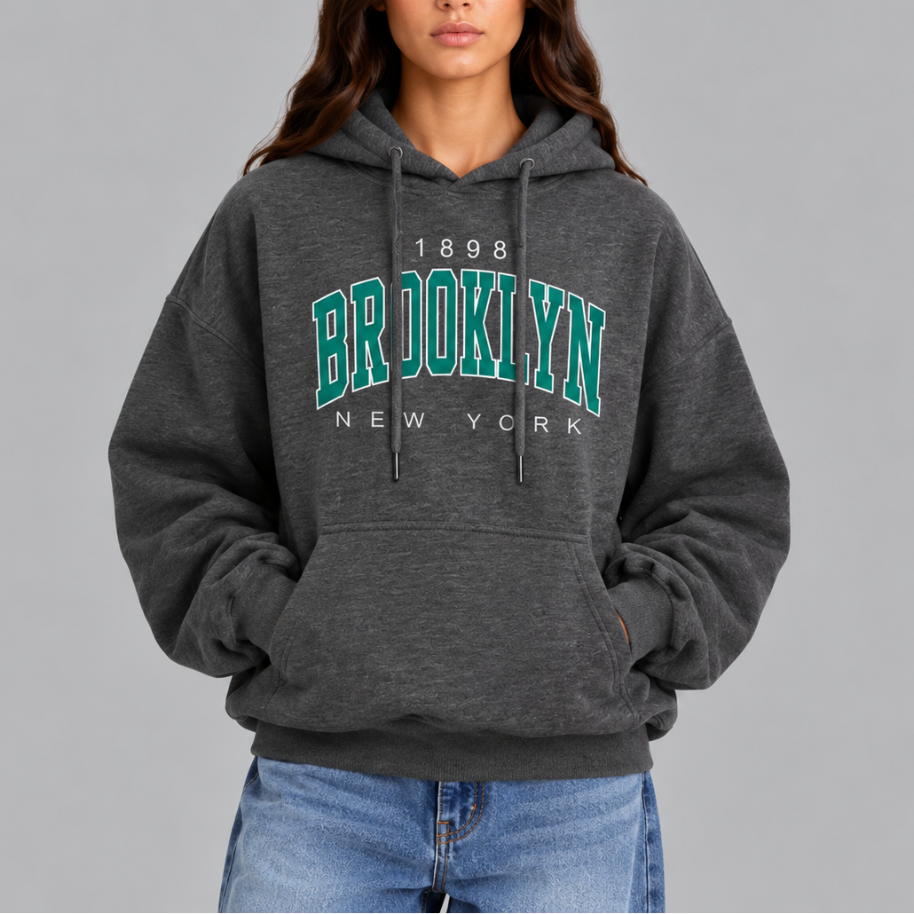 Women's Oversized Brooklyn Graphic Hoodie with Drawstring and Front Pocket