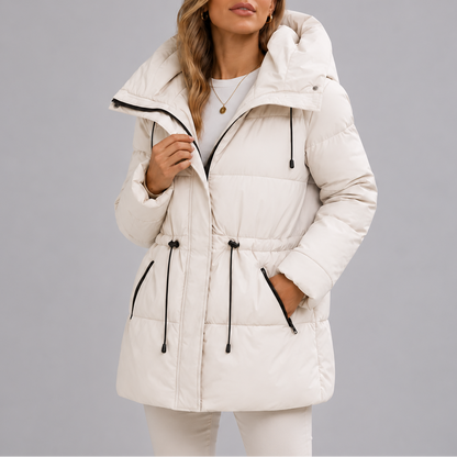 Women's Hooded Puffer Coat with Drawstring Waist and Zippered Pockets