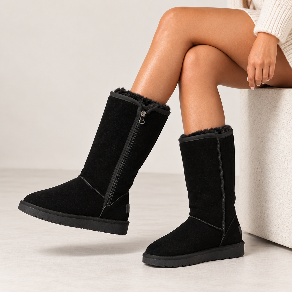 Women's Tall Suede-Look Boots with Side Zipper and Textured Sole