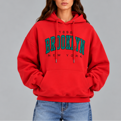 Women's Oversized Brooklyn Graphic Hoodie with Drawstring and Front Pocket
