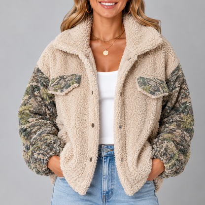 Women's Relaxed Teddy-Texture Jacket with Wide Collar and Gathered Cuffs