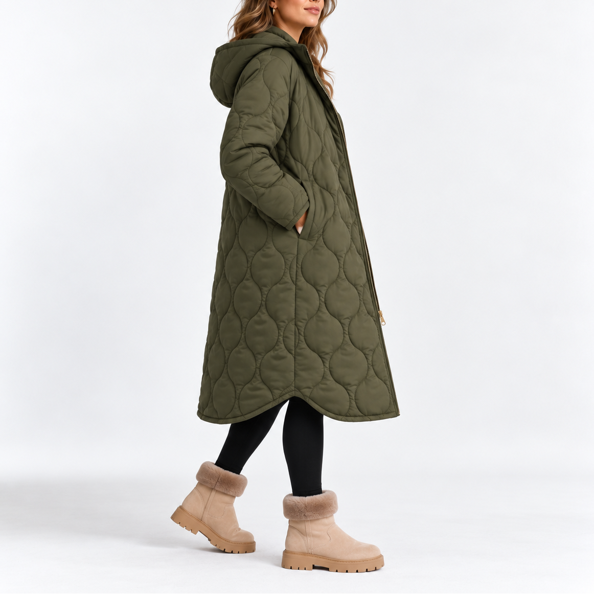 Women's Long Quilted Hooded Coat with Zipper Front and Side Pockets