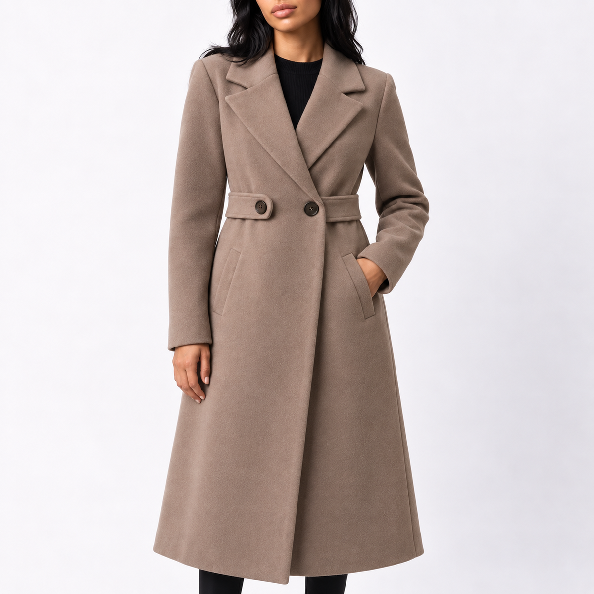 Women's Long Button-Front Coat with Wide Lapels and Shaped Waist