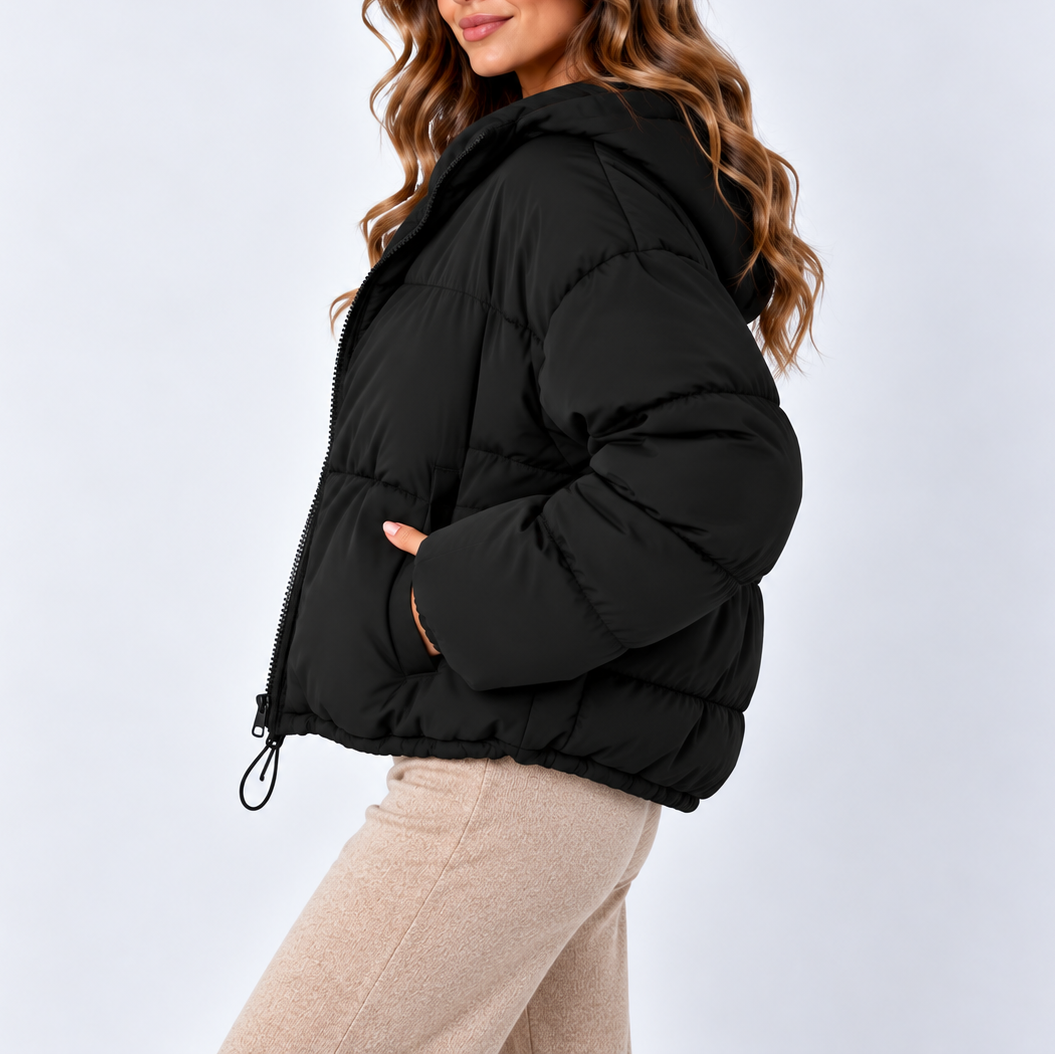 Women's Oversized Puffer Jacket with High Collar and Drawstring Hem