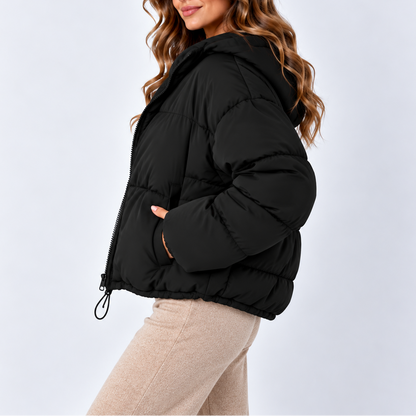 Women's Oversized Puffer Jacket with High Collar and Drawstring Hem