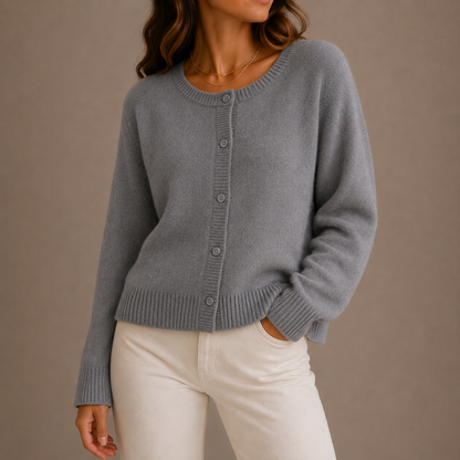 Women's Round-Neck Knit Cardigan with Button Front and Long Sleeves