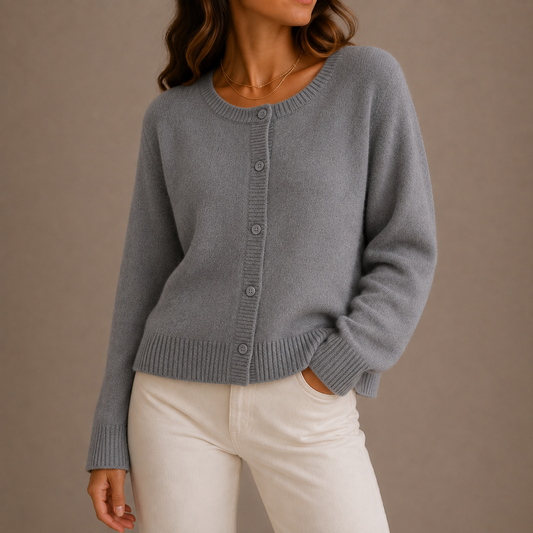 Women's Round-Neck Knit Cardigan with Button Front and Long Sleeves