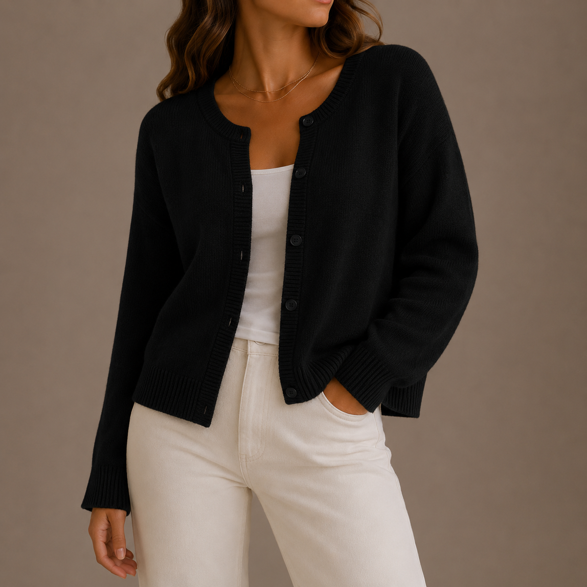 Women's Round-Neck Knit Cardigan with Button Front and Long Sleeves