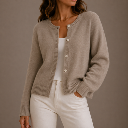 Women's Round-Neck Knit Cardigan with Button Front and Long Sleeves