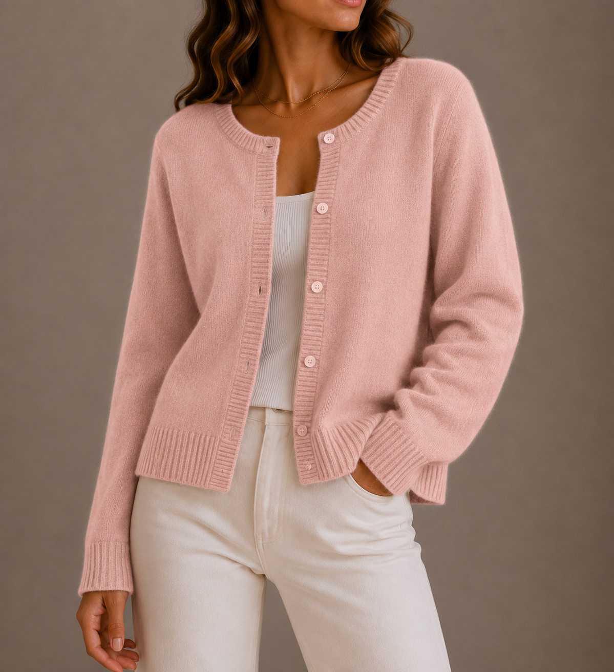 Women's Round-Neck Knit Cardigan with Button Front and Long Sleeves