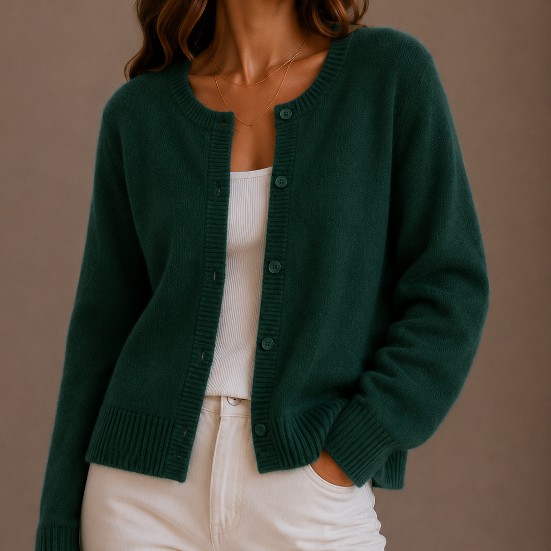 Women's Round-Neck Knit Cardigan with Button Front and Long Sleeves