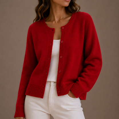 Women's Round-Neck Knit Cardigan with Button Front and Long Sleeves