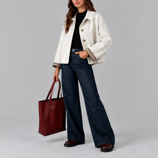 Women's Cropped Trench Jacket with Plaid Lining and Long Sleeves