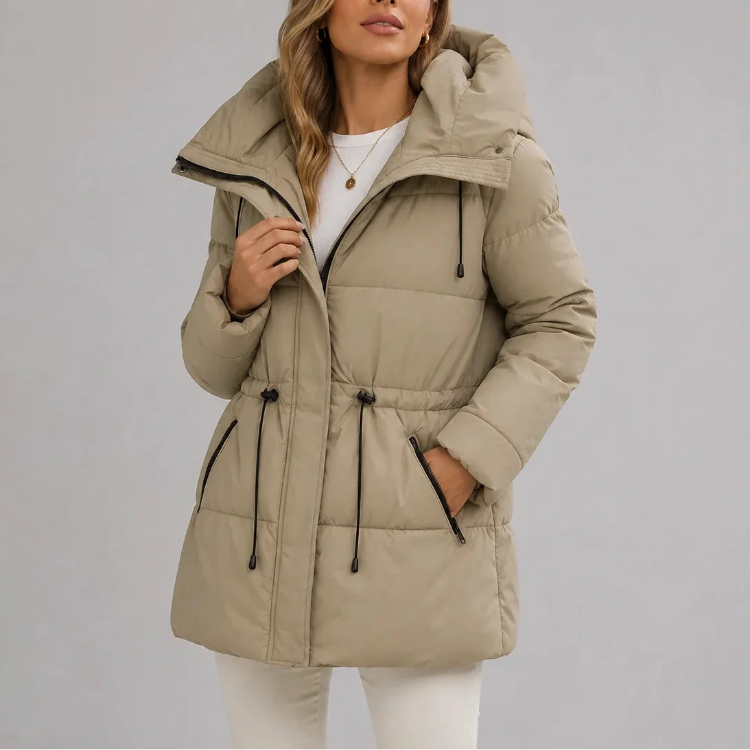 Women's Hooded Puffer Coat with Drawstring Waist and Zippered Pockets