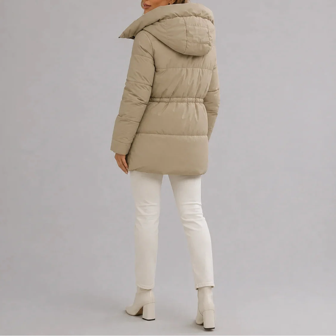 Women's Hooded Puffer Coat with Drawstring Waist and Zippered Pockets