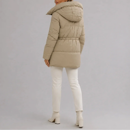 Women's Hooded Puffer Coat with Drawstring Waist and Zippered Pockets
