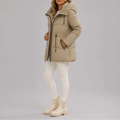 Women's Hooded Puffer Coat with Drawstring Waist and Zippered Pockets
