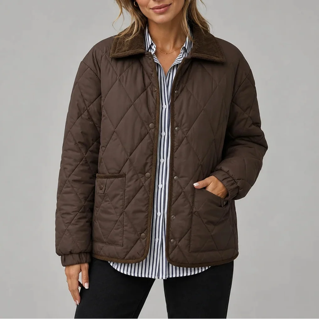 Women's Diamond-Quilted Jacket with Contrast Collar and Patch Pockets