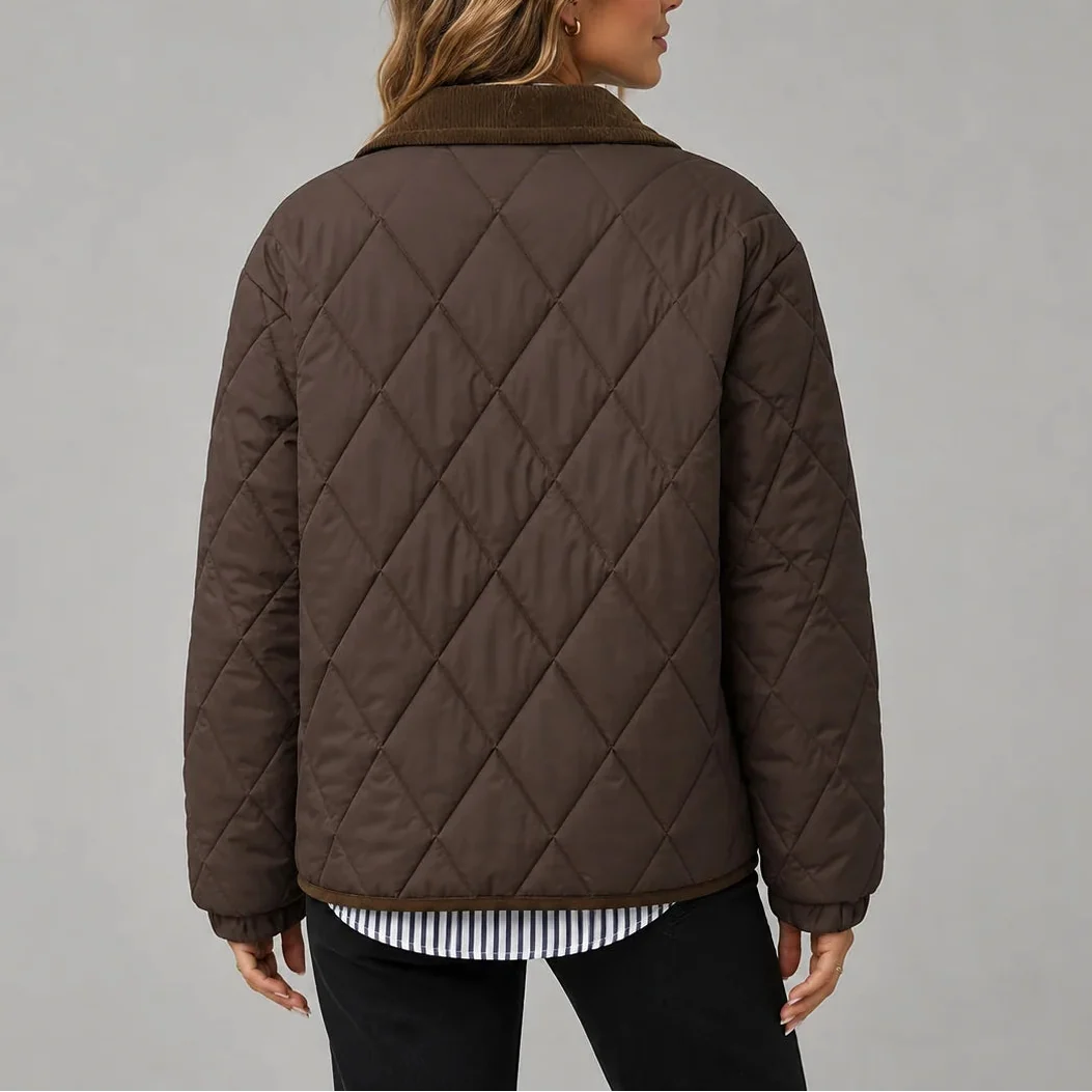 Women's Diamond-Quilted Jacket with Contrast Collar and Patch Pockets