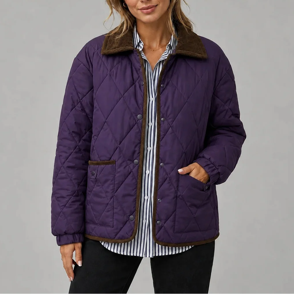 Women's Diamond-Quilted Jacket with Contrast Collar and Patch Pockets