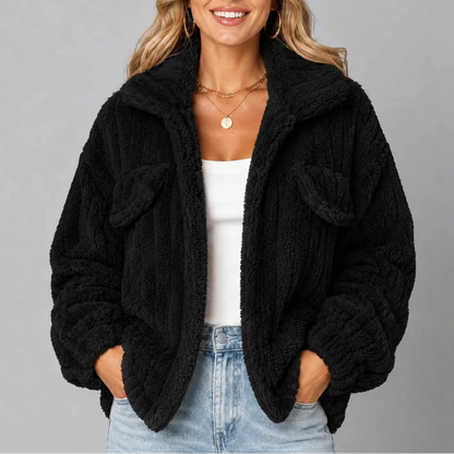 Women's Relaxed Teddy-Texture Jacket with Wide Collar and Gathered Cuffs