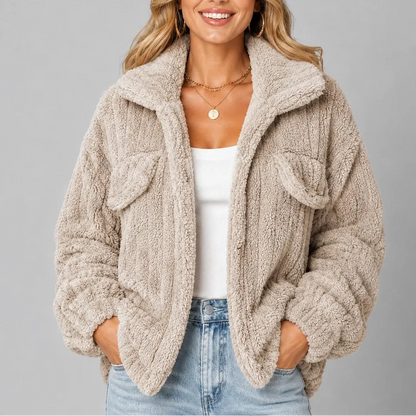 Women's Relaxed Teddy-Texture Jacket with Wide Collar and Gathered Cuffs