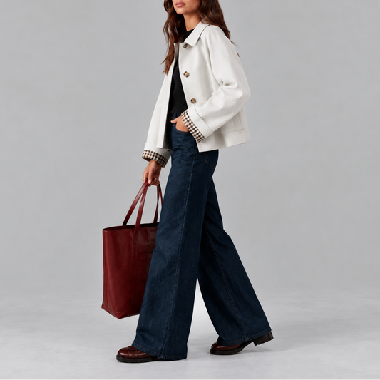 Women's Cropped Trench Jacket with Plaid Lining and Long Sleeves