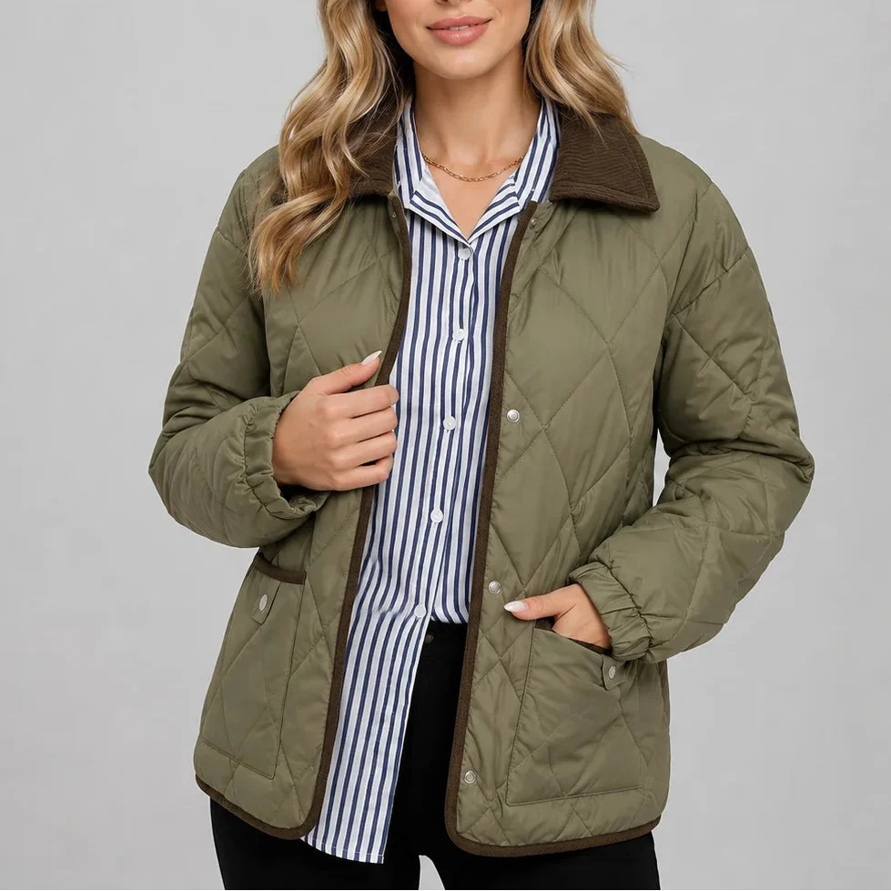 Women's Diamond-Quilted Jacket with Contrast Collar and Patch Pockets