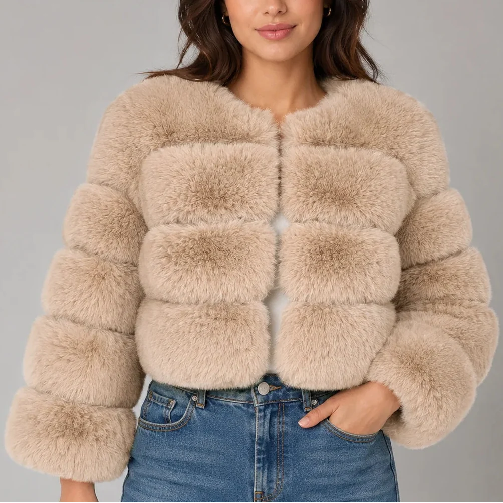 Women's Cropped Fur-Look Jacket with Round Neck and Horizontal Panels