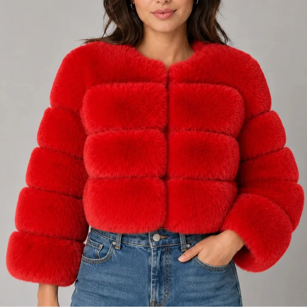 Women's Cropped Fur-Look Jacket with Round Neck and Horizontal Panels
