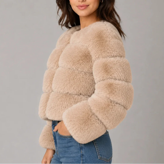 Women's Cropped Fur-Look Jacket with Round Neck and Horizontal Panels