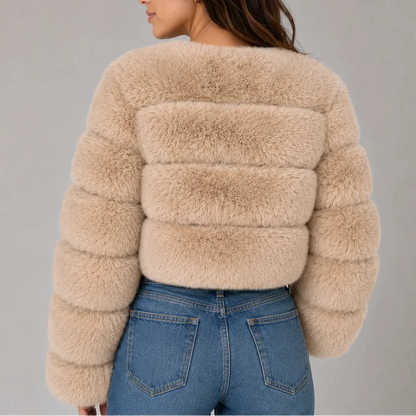 Women's Cropped Fur-Look Jacket with Round Neck and Horizontal Panels