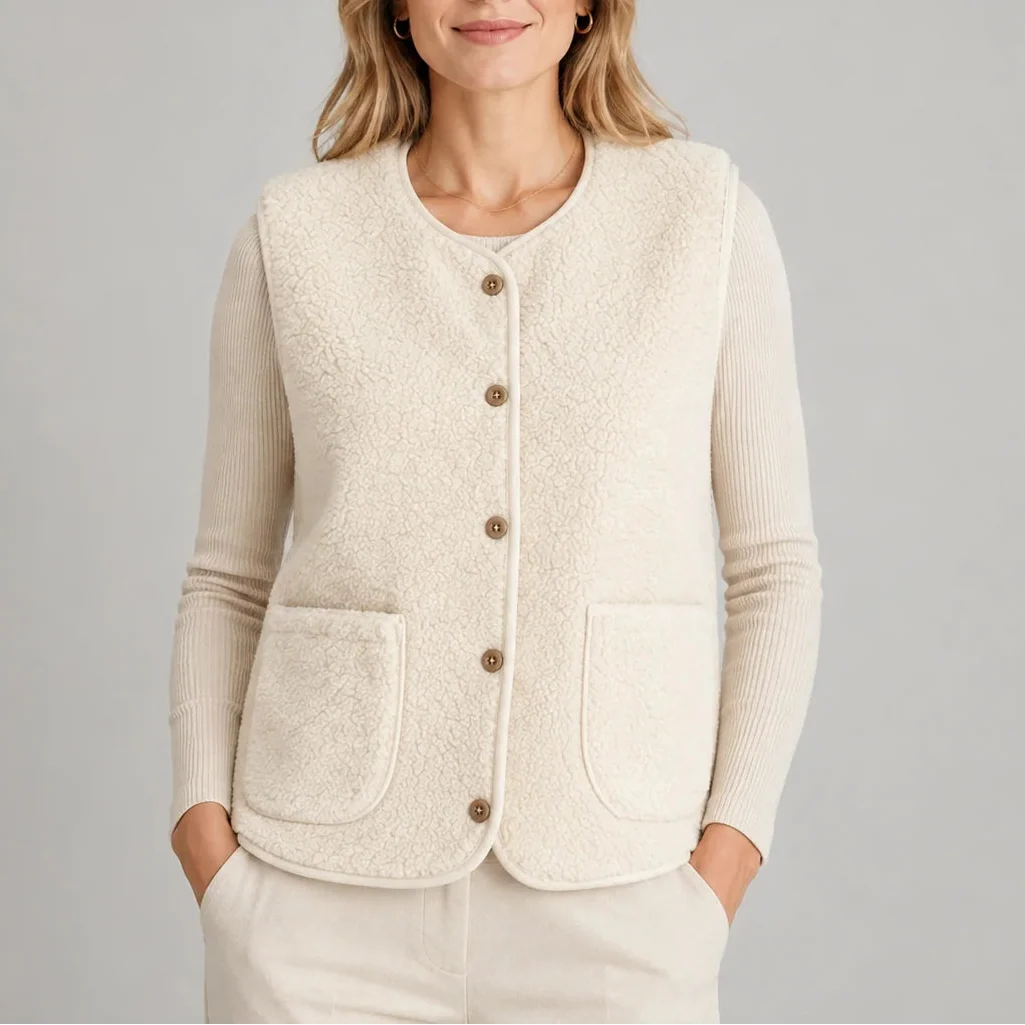 Women's Textured Button-Front Vest with Contrast Trim and Patch Pockets