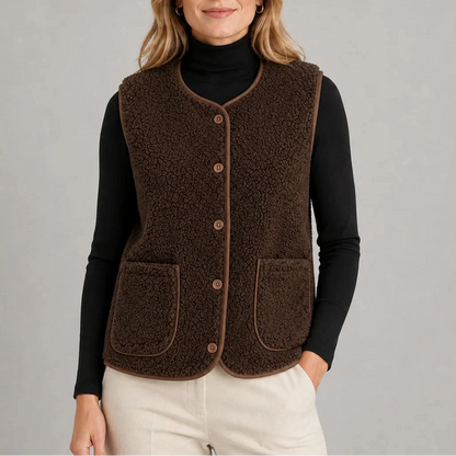 Women's Textured Button-Front Vest with Contrast Trim and Patch Pockets