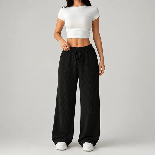 Women's Ribbed Wide-Leg Lounge Pants with Drawstring Waist