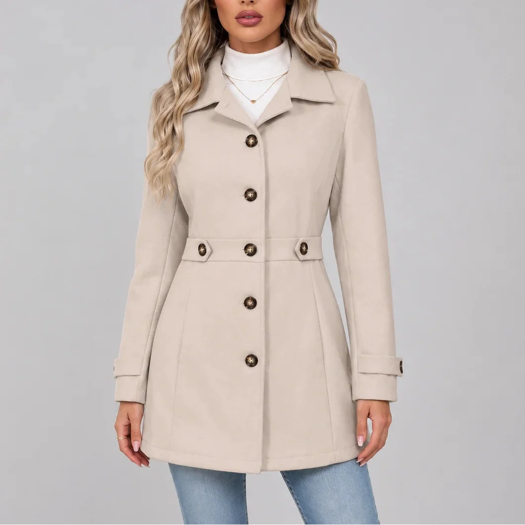 Women's Fitted Button-Front Overcoat with Pointed Collar and Waist Tabs