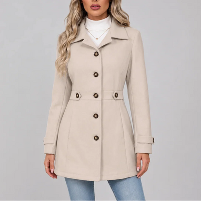 Women's Fitted Button-Front Overcoat with Pointed Collar and Waist Tabs