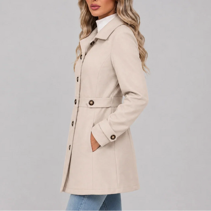 Women's Fitted Button-Front Overcoat with Pointed Collar and Waist Tabs