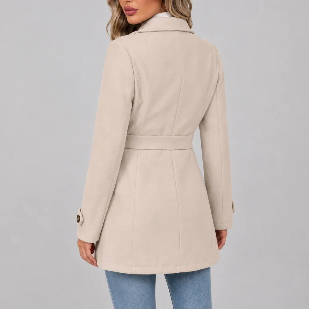 Women's Fitted Button-Front Overcoat with Pointed Collar and Waist Tabs
