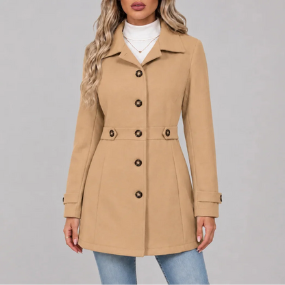 Women's Fitted Button-Front Overcoat with Pointed Collar and Waist Tabs