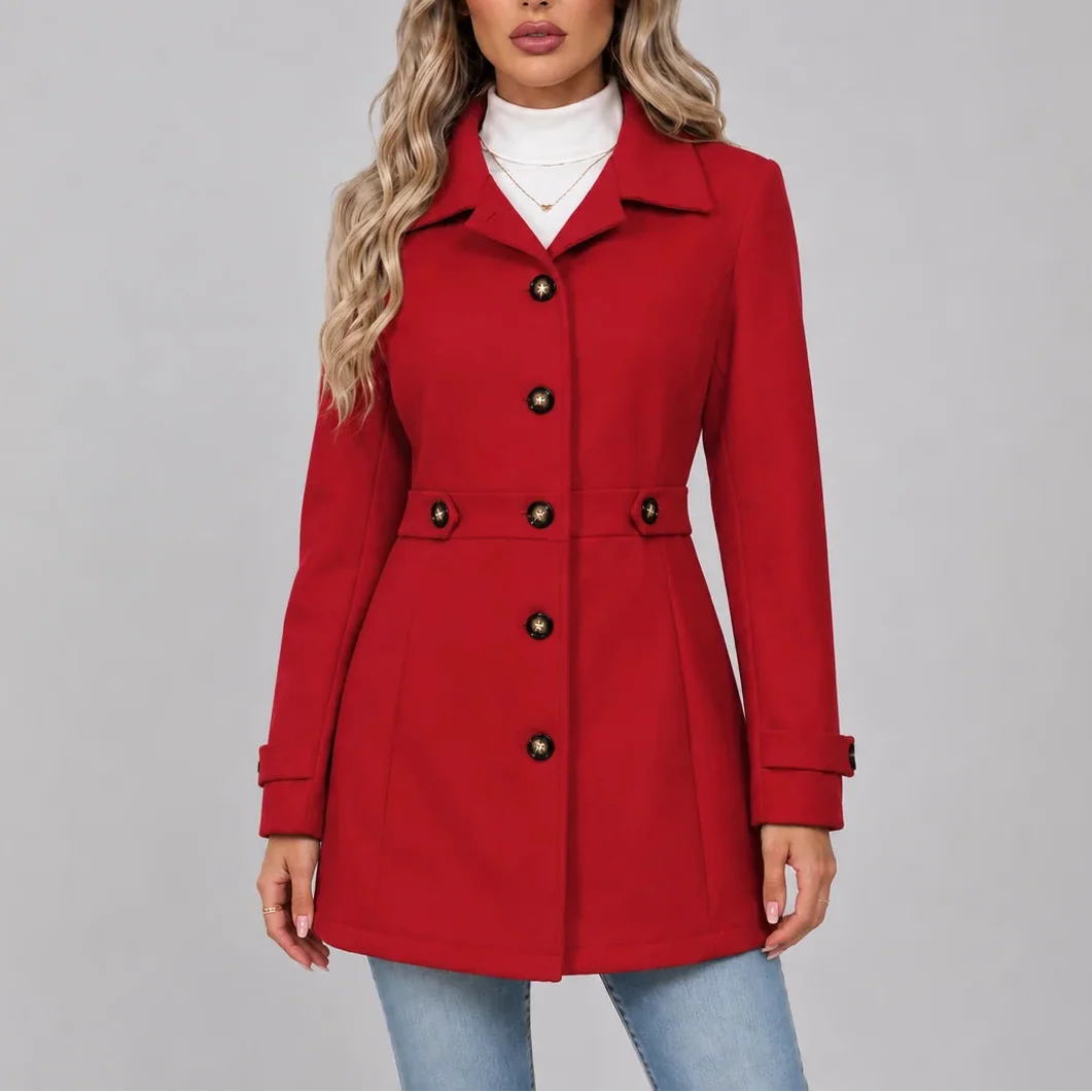 Women's Fitted Button-Front Overcoat with Pointed Collar and Waist Tabs