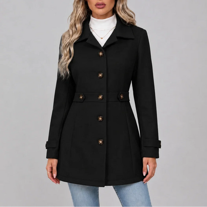 Women's Fitted Button-Front Overcoat with Pointed Collar and Waist Tabs