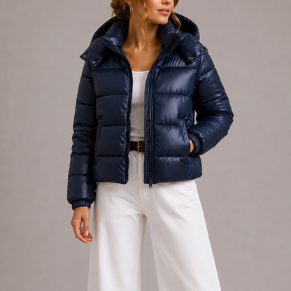 Women's Hooded Puffer Jacket with Glossy Finish and Zipper Front