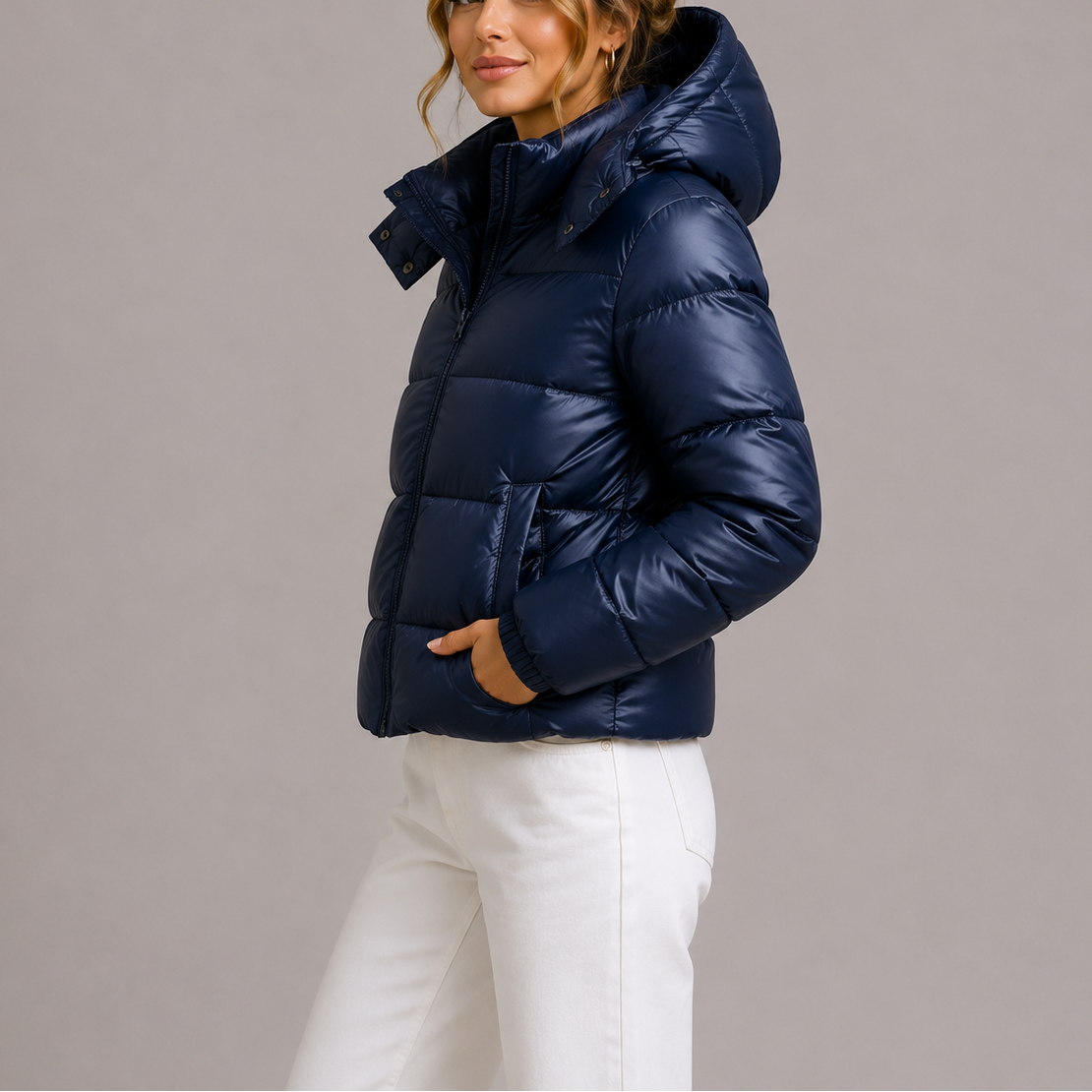 Women's Hooded Puffer Jacket with Glossy Finish and Zipper Front