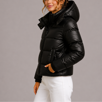 Women's Hooded Puffer Jacket with Glossy Finish and Zipper Front