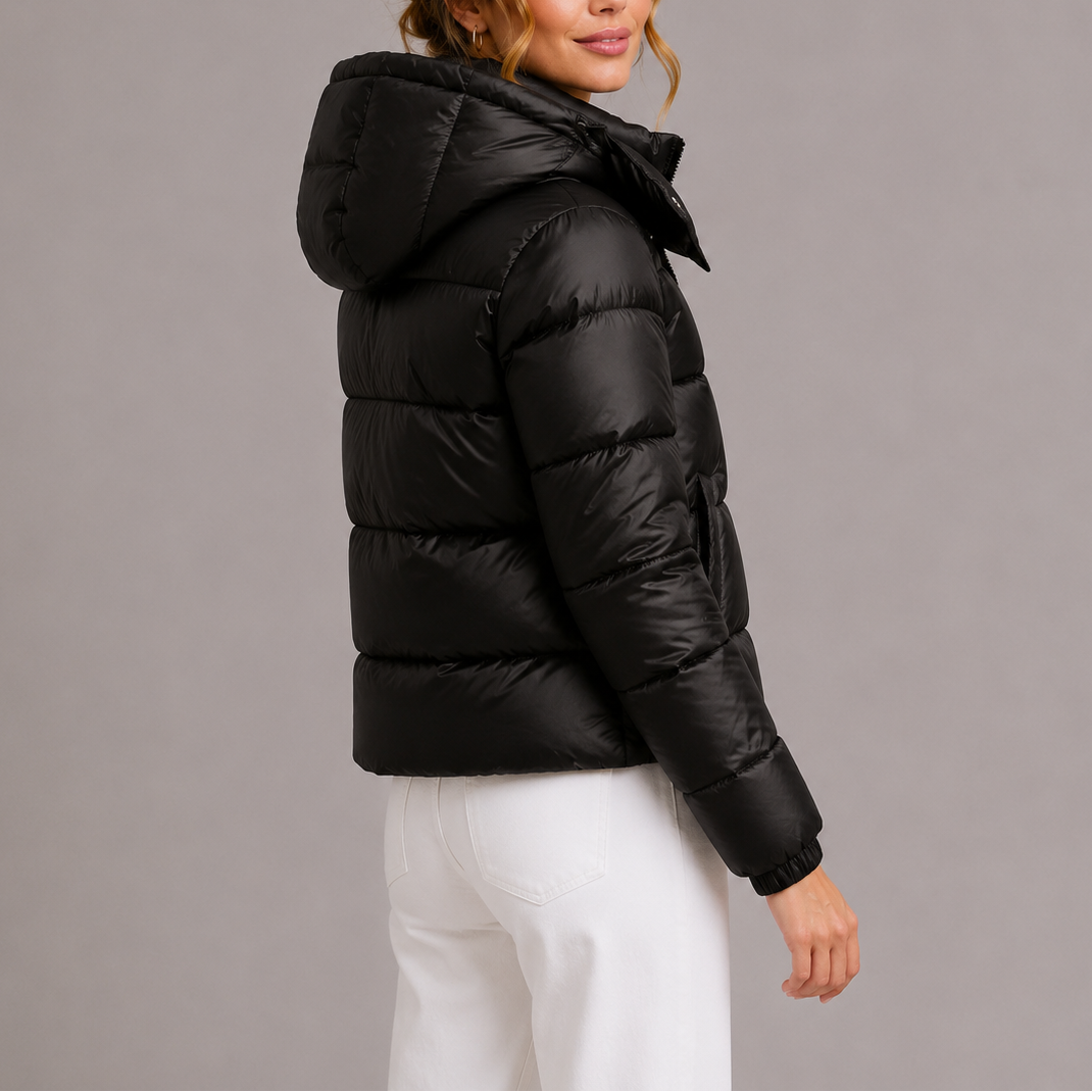 Women's Hooded Puffer Jacket with Glossy Finish and Zipper Front