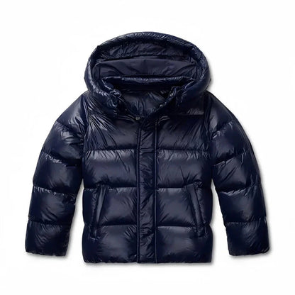 Women's Hooded Puffer Jacket with Glossy Finish and Zipper Front