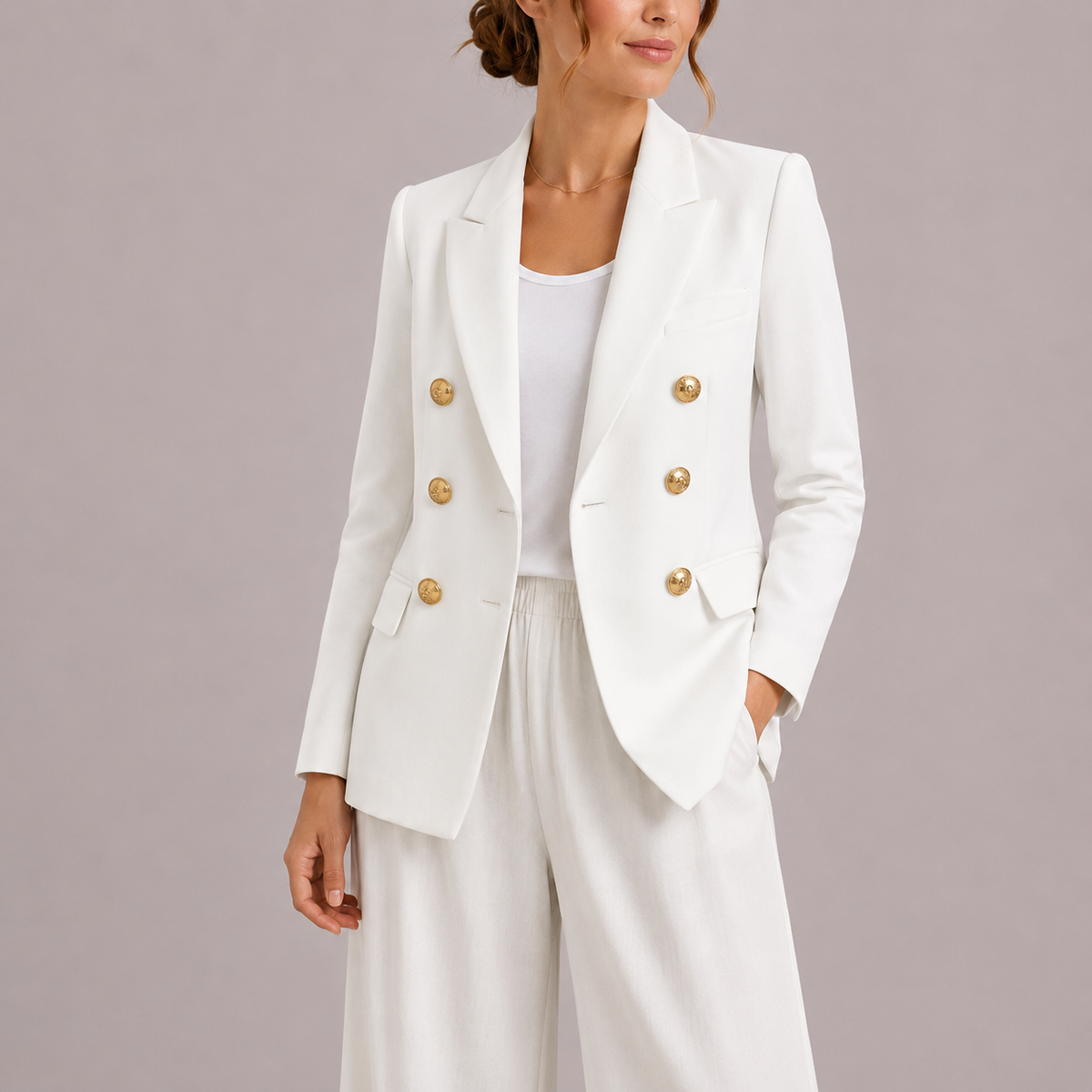 Women's Double-Breasted Blazer with Gold-Tone Buttons and Notched Lapels